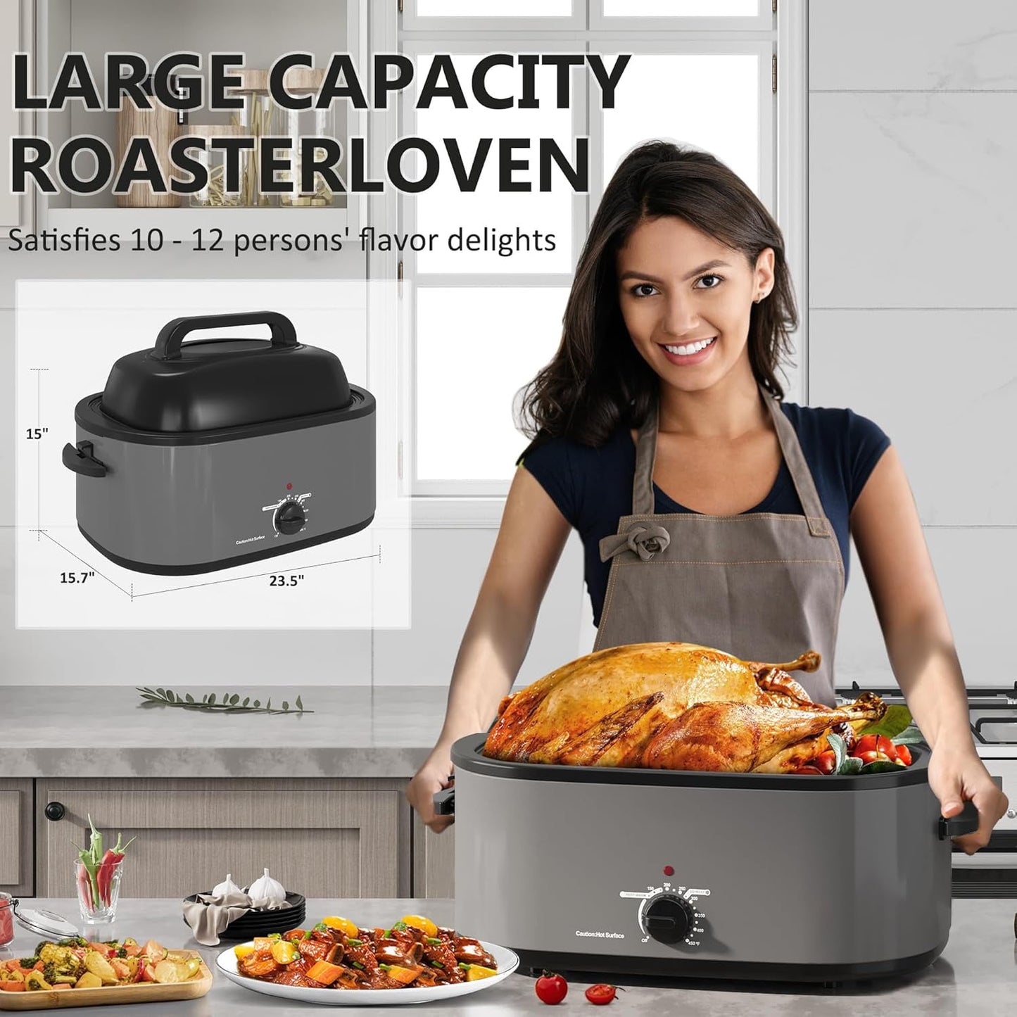 Superjoe Roaster Oven 28 Quart, Electric Roaster Oven with Visible & Self-Basting Lid, Turkey Roaster Oven with Removable Pan & Rack, Variable Temperature Control, Stainless Steel, Grey