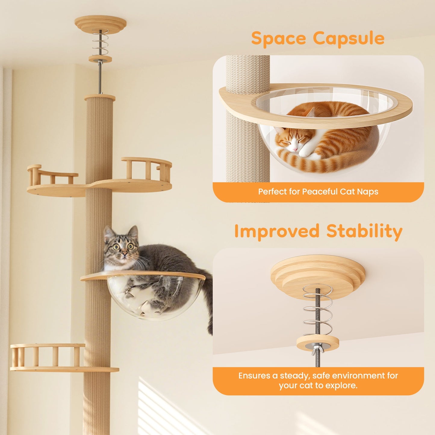 Heynemo Floor to Ceiling Cat Tree Tower Adjustable Height Multi-Level with Acrylic Capsule Sisal Scratching Posts Stable Stylish for Kittens & Large Cats