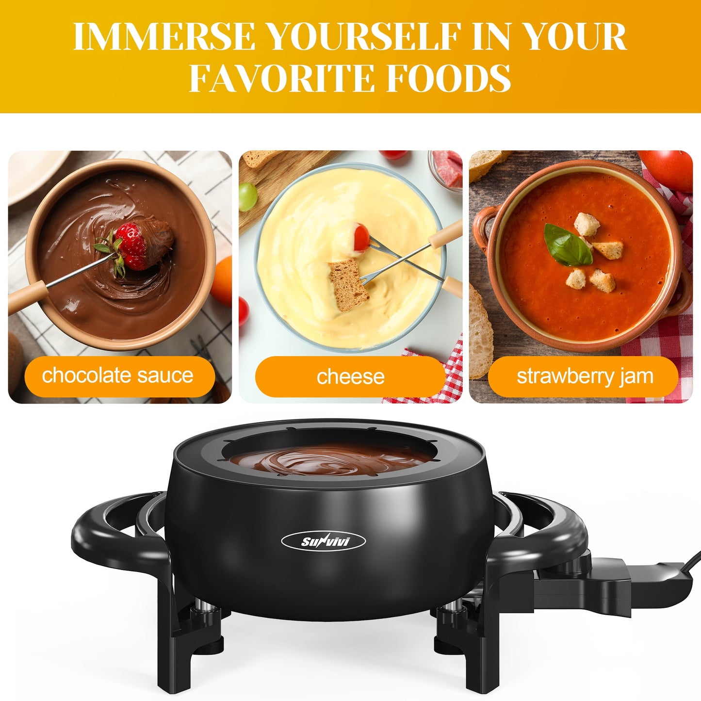Heynemo 3 QT Fondue Set, Electric Fondue Pot Set for Melting Chocolate & Cheese, 1000W Non-Stick Fondue Maker with Adjustable Temperature Control and 8 Color-Coded Forks, Ideal for Dessert & Broth