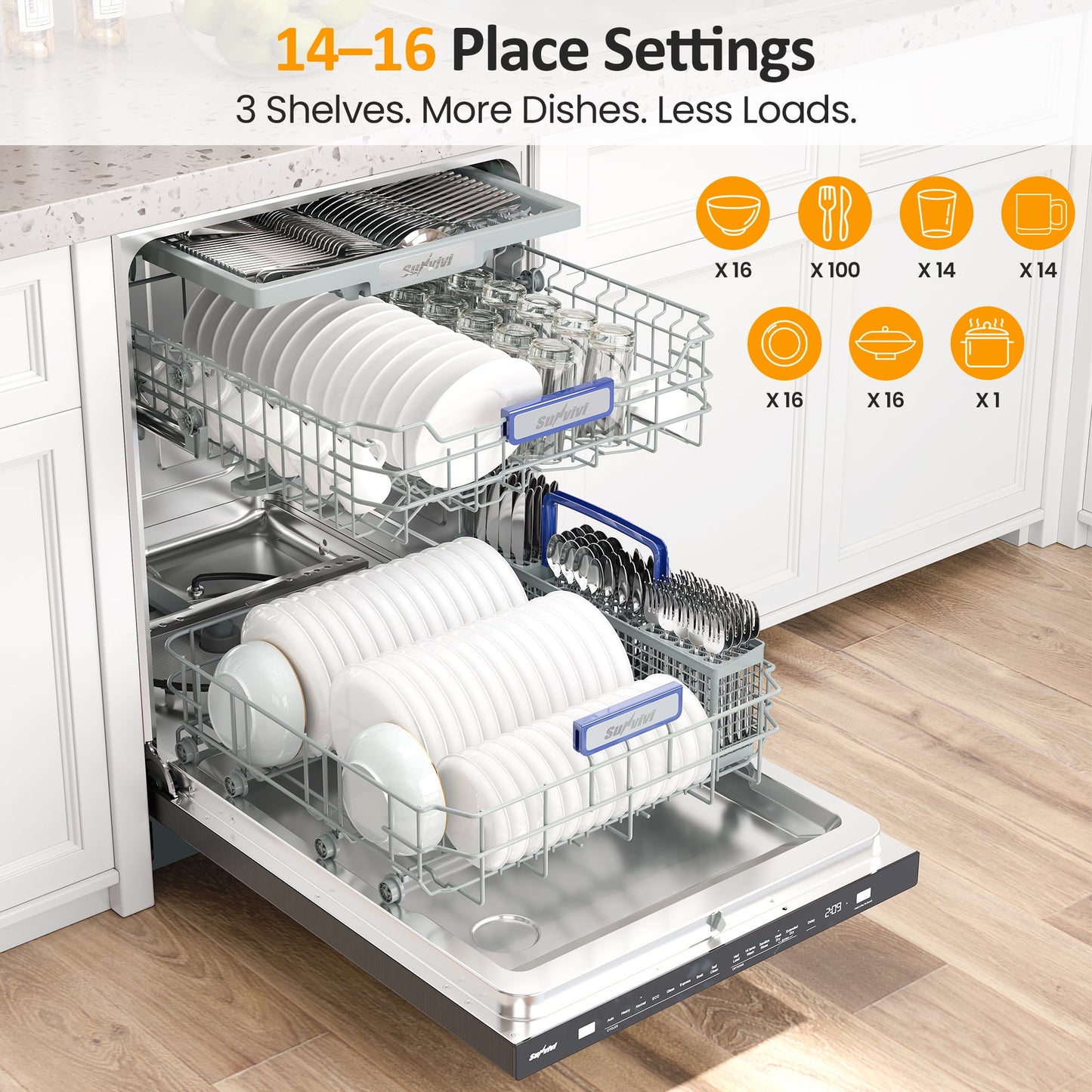 Sunvivi 24" Built-in Dishwasher, Stainless Steel Dish Washer Machine with Large 14-16 Place Settings, 8 Wash Cycles, Energy Star, Black