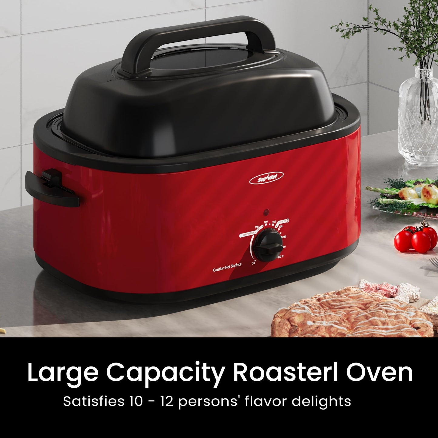 Sunvivi Roaster Oven with Self-Basting Lid, 24qt Electric Roaster with Removable Pan & Rack, Turkey Roaster Oven with Defrost & Warm Function, Stainless Steel, Red