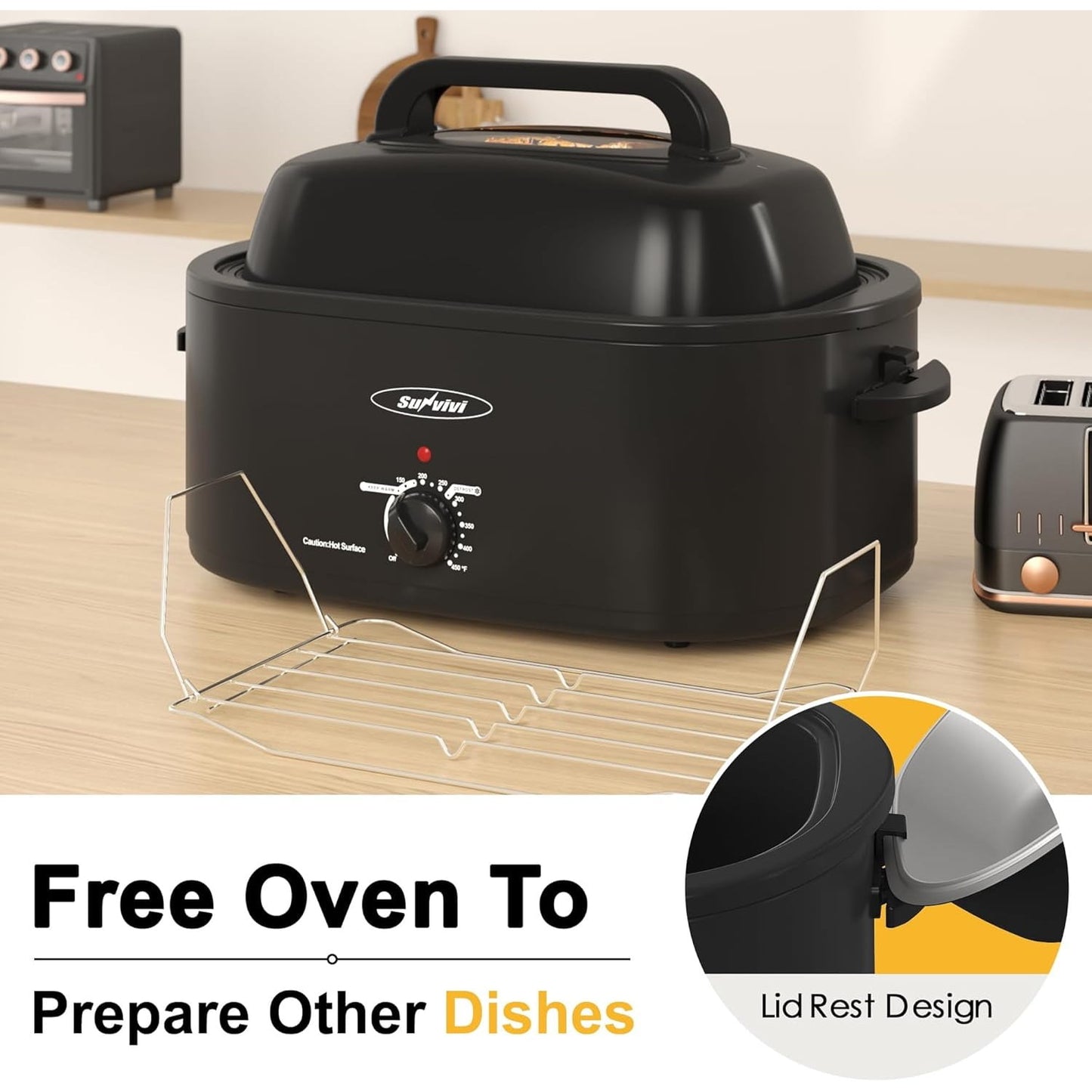 Superjoe 22 QT Electric Roaster Oven, with Self-Basting Lid, Stainless Steel Roaster Pan, Black
