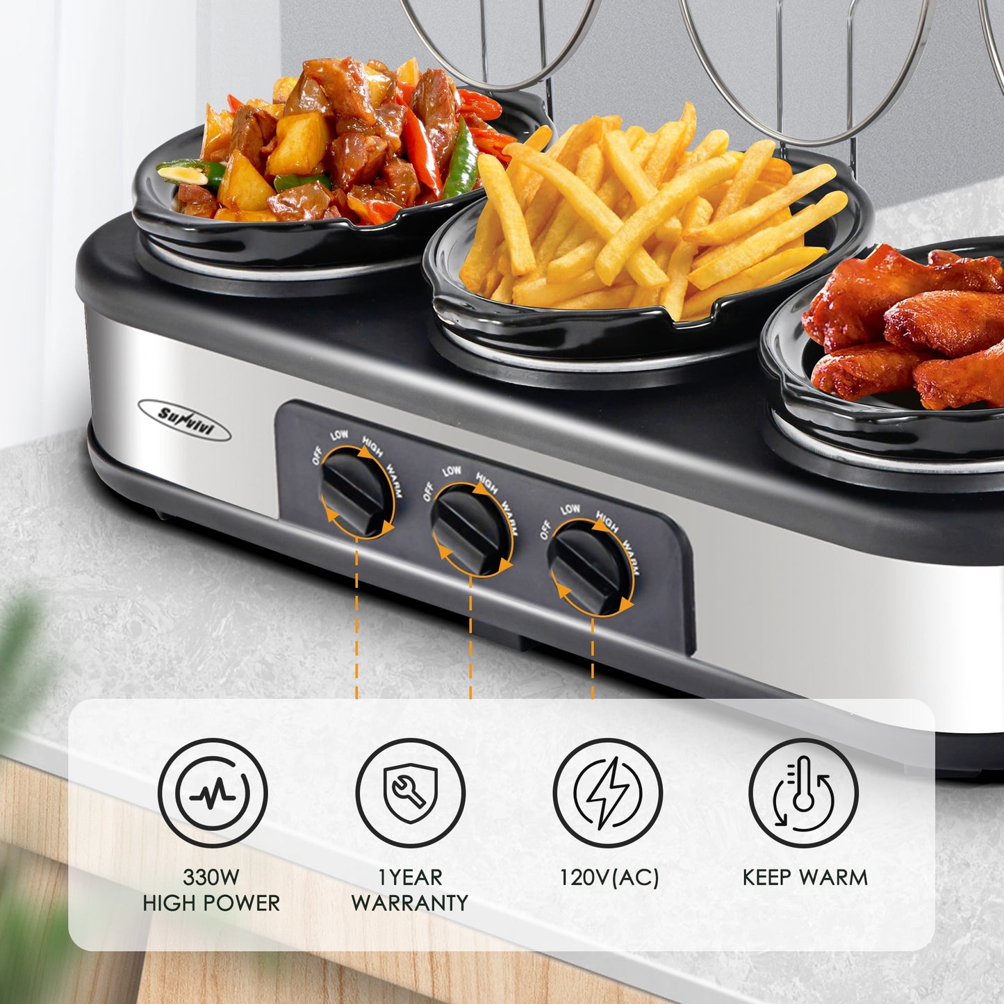 Sunvivi 2 in 1 Slow Cooker and Rice Cooker, Multi Slow Cooker with 1.5 QT Ceramic Pot & 3 Cup Rice Cooker , Non-Stick Aluminum Pot & Indicator Lights, Dual Control Knob, Stainless Steel