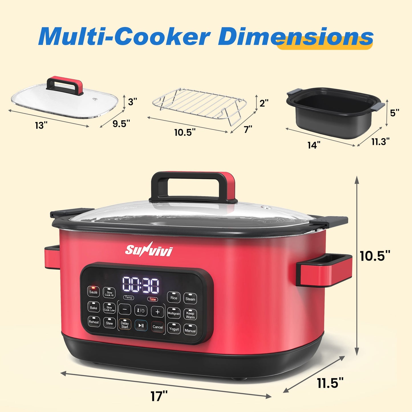 Heynemo 12-in-1 Digital Programmable Slow Cooker, 6.5 QT Large Multicooker, Multi-Cooker with Timer, Temp Control, Red