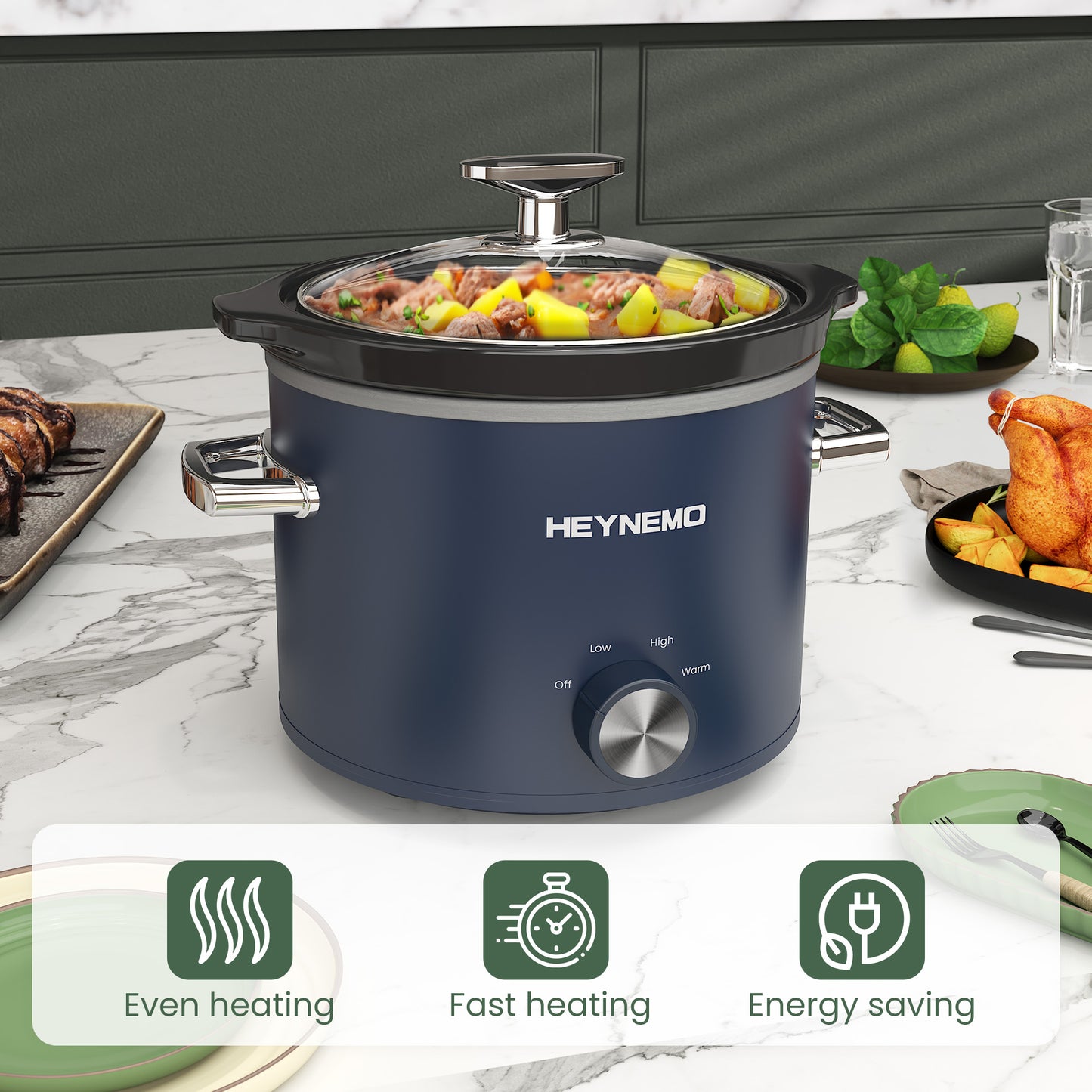 Sunvivi 2 Quart Slow Cooker With Removable Ceramic Pot and 3 Heating Settings, Stainless Steel, Blue
