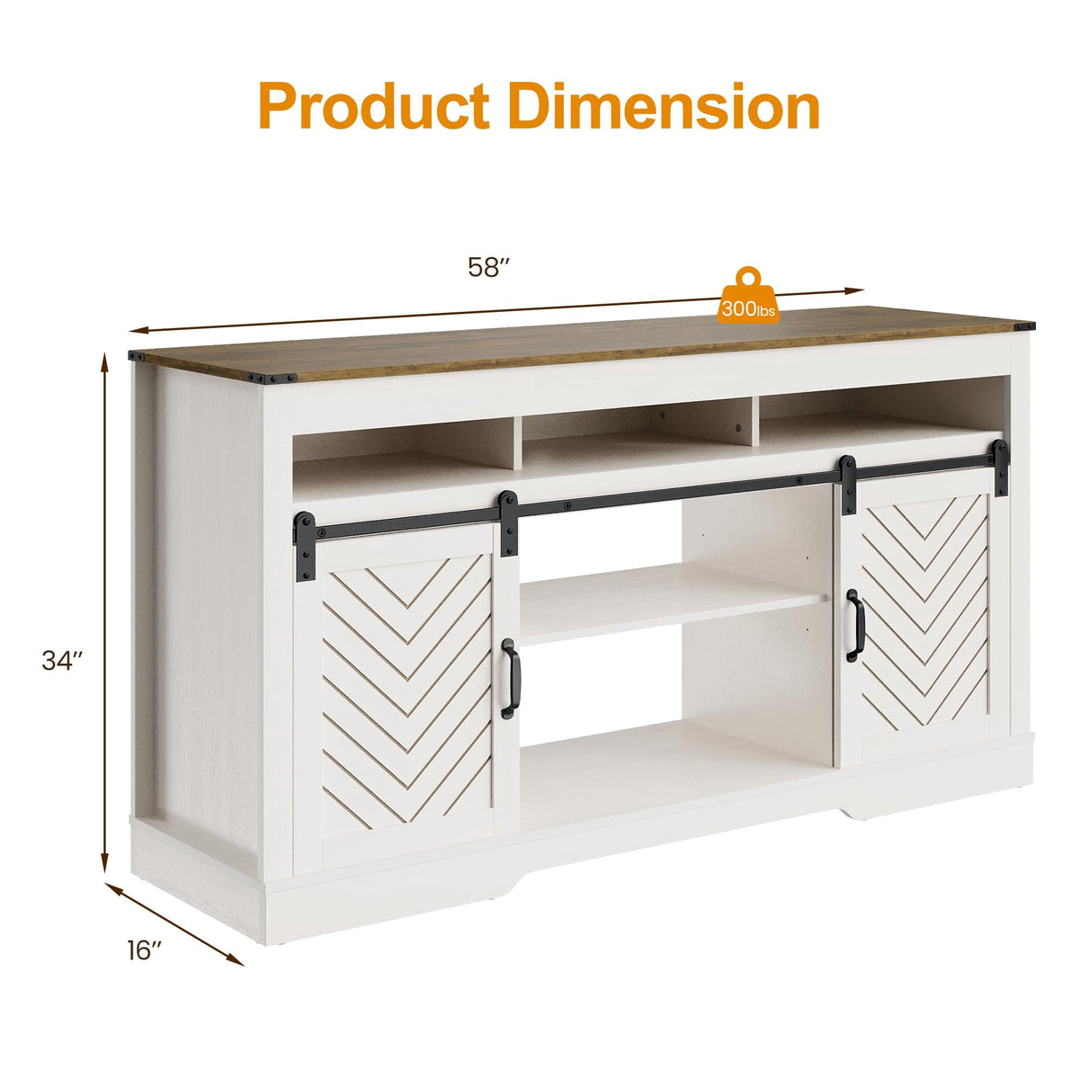 Heynemo TV Stand for 65+ Inch TV, Farmhouse 34'' Tall Entertainment Center for 23" Fireplace, Rustic TV Console with Sliding Bar Door for Living Room (White and Rustic Oak)