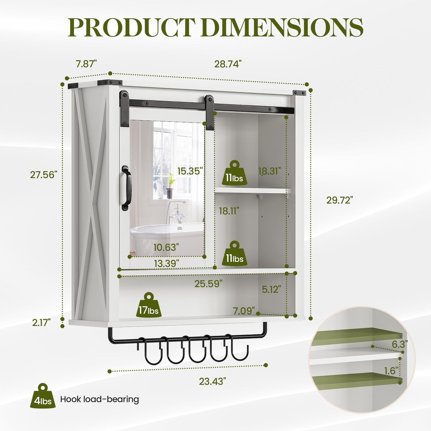 RoyalCraft 28in Bathroom Cabinet Wall Mount with Sliding Mirror Door, Over The Toilet Storage Cabinet, Farmhouse Medicine Cabinet with Shelves and Towel Bar for Living Room, 28" W x 29" H, White