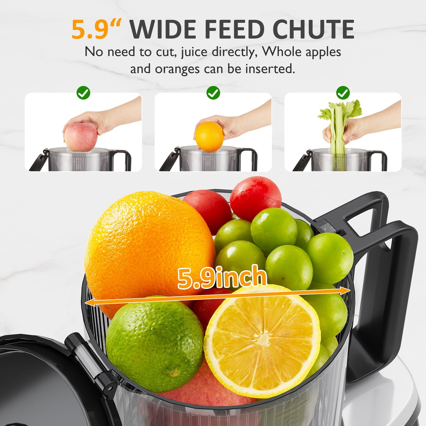 May in Color Slow Cold Press Juicer 5.9 inch Wide Feed Chute Masticating Juice Extractor - Black