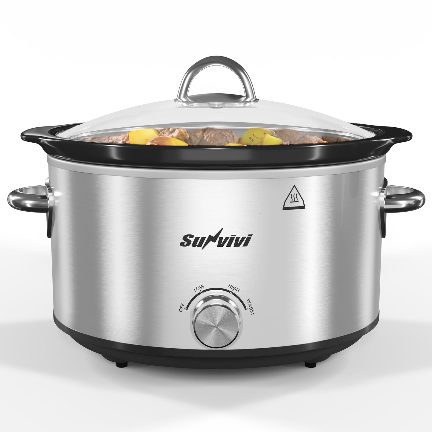 SUNVIVI Small Slow Cooker 4QT, Mini Food Warmer with 3 Heating Settings, Removable Ceramic Pot, Dishwasher Safe Glass Lid, Stainless Steel