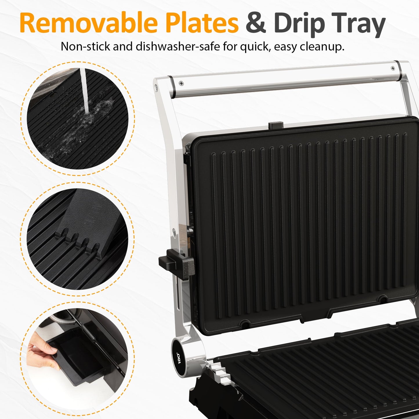 Heynemo Indoor Electric Grill 1600W, Double-Sided Panini Press & Griddle with Removable Nonstick Plates, Preset Menu, Easy Clean