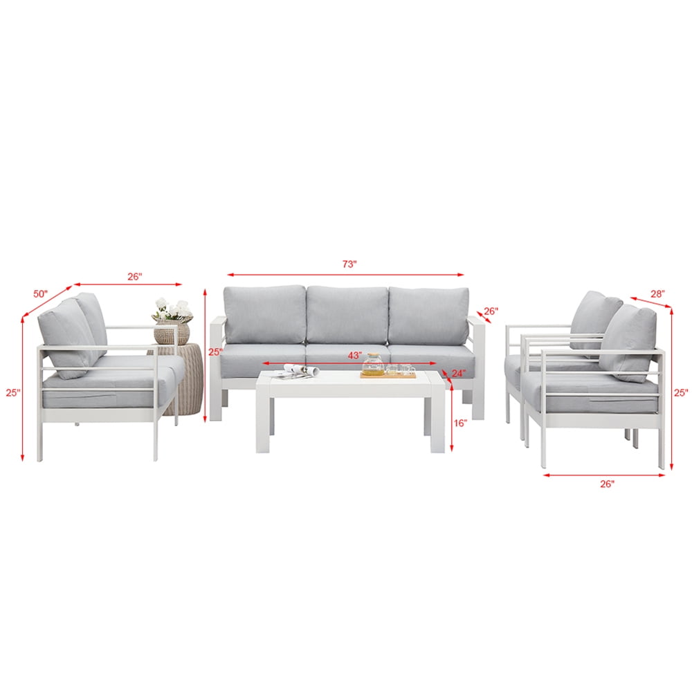 Superjoe 5 Pcs Outdoor Aluminum Furniture Set 7 Seats Patio Sectional Sofa Conversation Set Metal Sofa with 5 Inch Cushion and Coffee Table for Balcony, Garden, White
