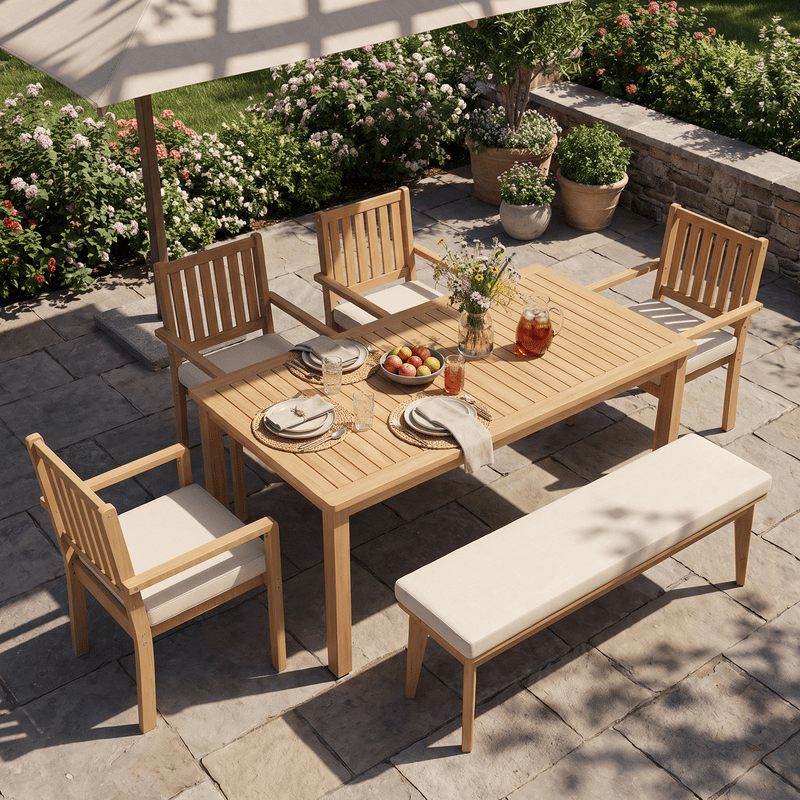 6-Piece Acacia Patio Table and Chairs Set for All-Weather, Outdoor Patio Dining Set with Umbrella Hole and Removable Cushion for 5, Durable Patio Table and Chairs Set for Garden, Heynemo