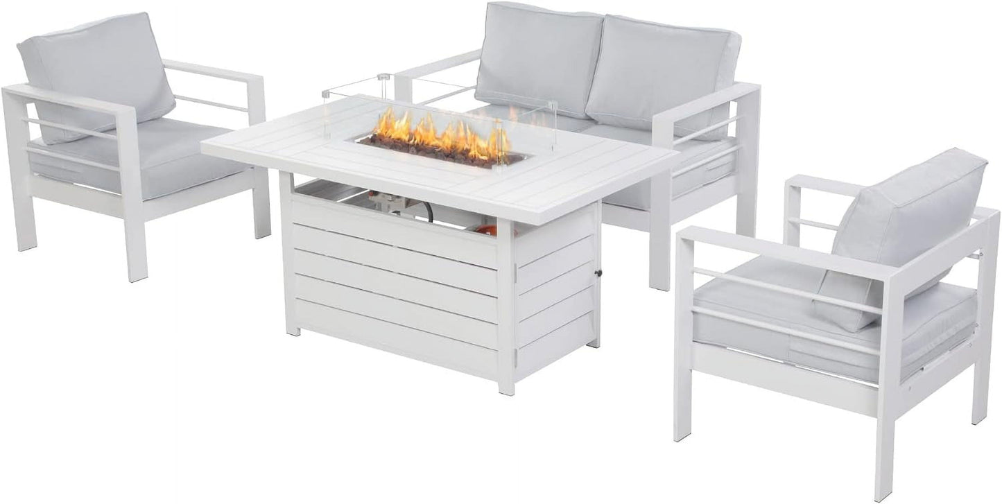 Superjoe Outdoor Furniture Set w/CSA Certified 54in Propane Gas Fire Pit Table, 4 Seats Aluminum Patio Conversation Sofa with 5in Olefin Cover Cushions, White