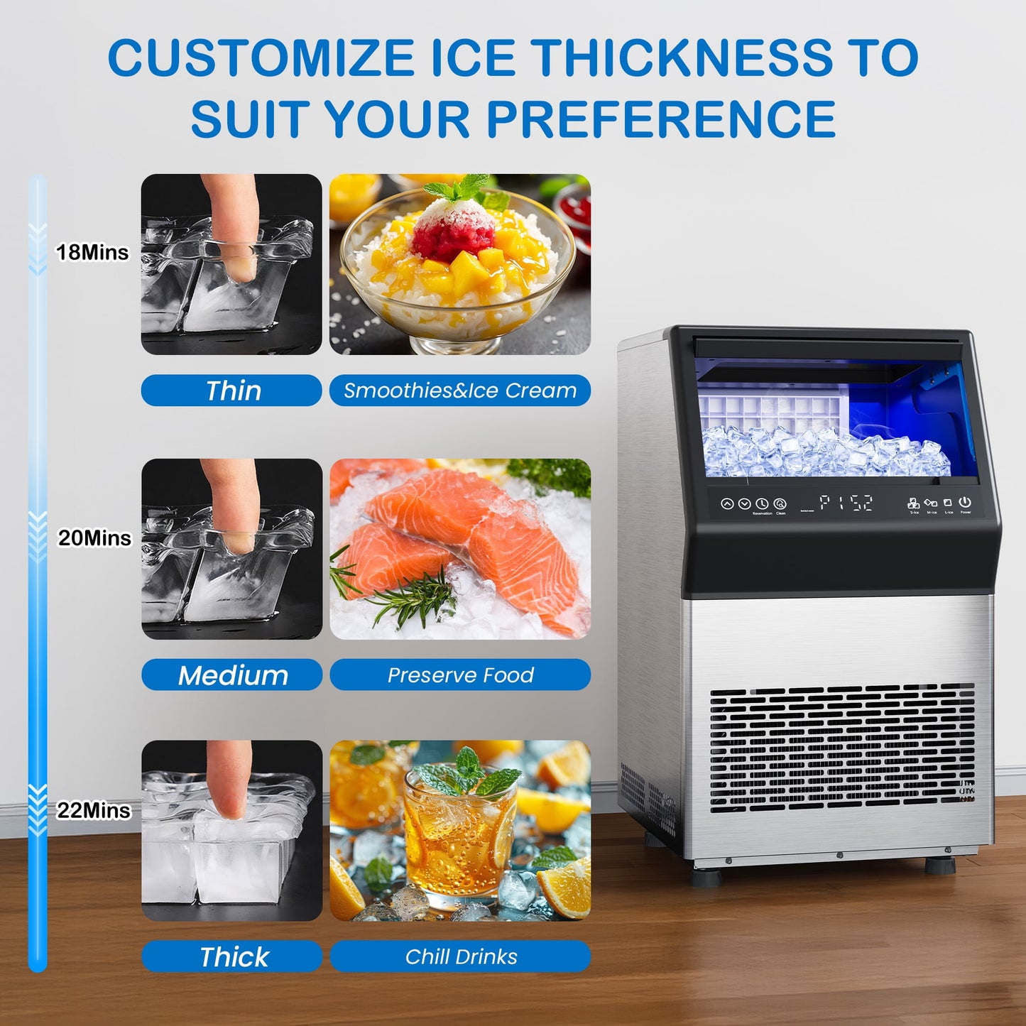 Commercial Cube Ice Maker Machine: 88-110 lbs/24H, 8-15 Minutes Fast Ice Production, Large Ice Maker with Dual Water Supply, Energy-Efficient for Home, Bar & Restaurant, Sliver