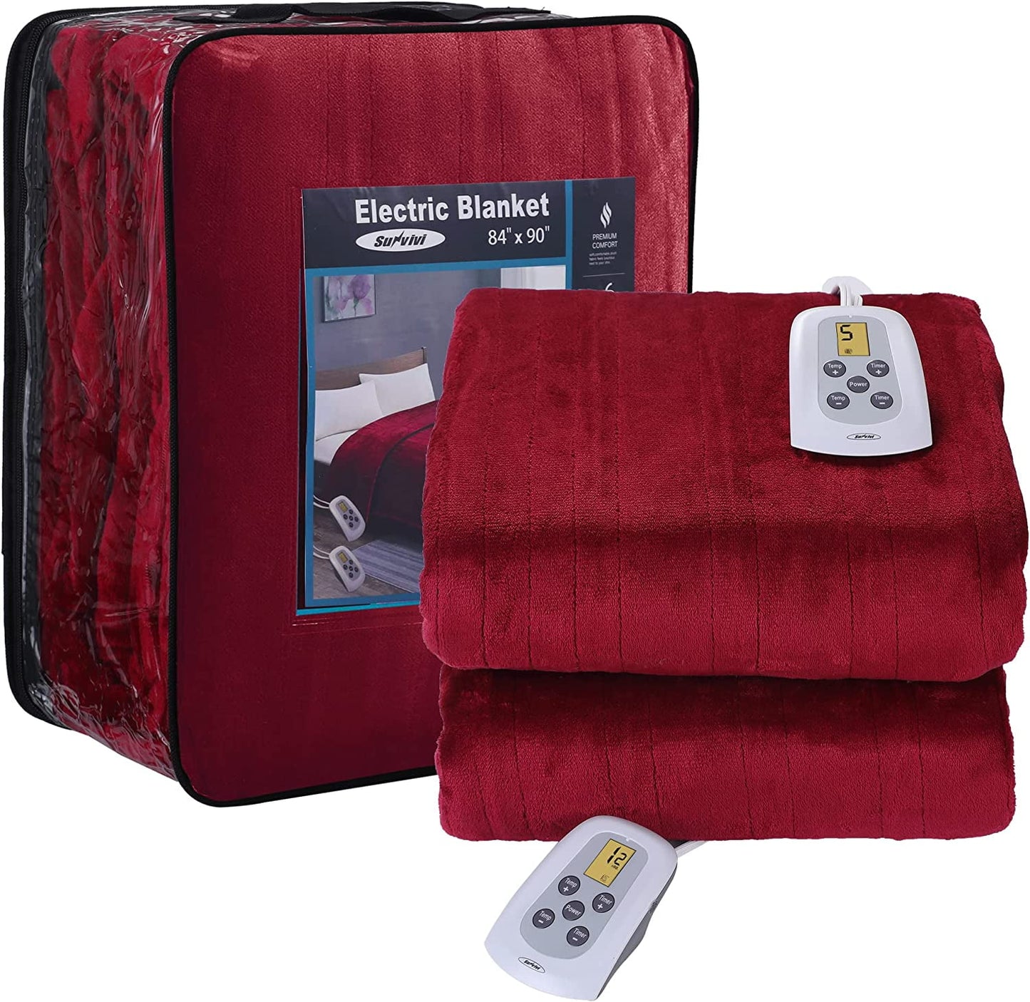 SUNVIVI Electric Blanket Queen Size with Dual Controllers,10 Heating Levels& 12 hours Auto-off,Overheat Protection,Red-3