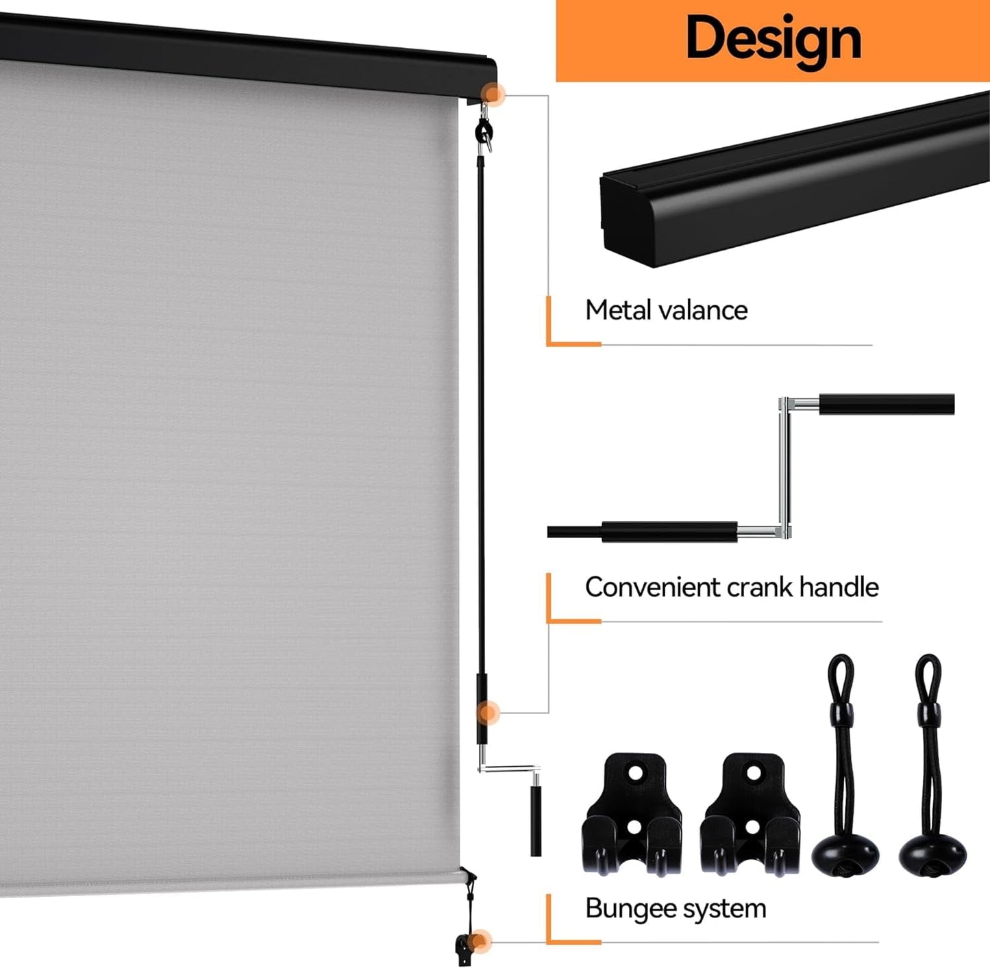 RoyalCraft Outdoor Roller Shades for Patio with Valance, Outdoor Blinds with 95% UV Blockout, Cordless Exterior Roller Shades with Crank Handle for Balcony Patio Porch, (4' W X 6' H), Grey