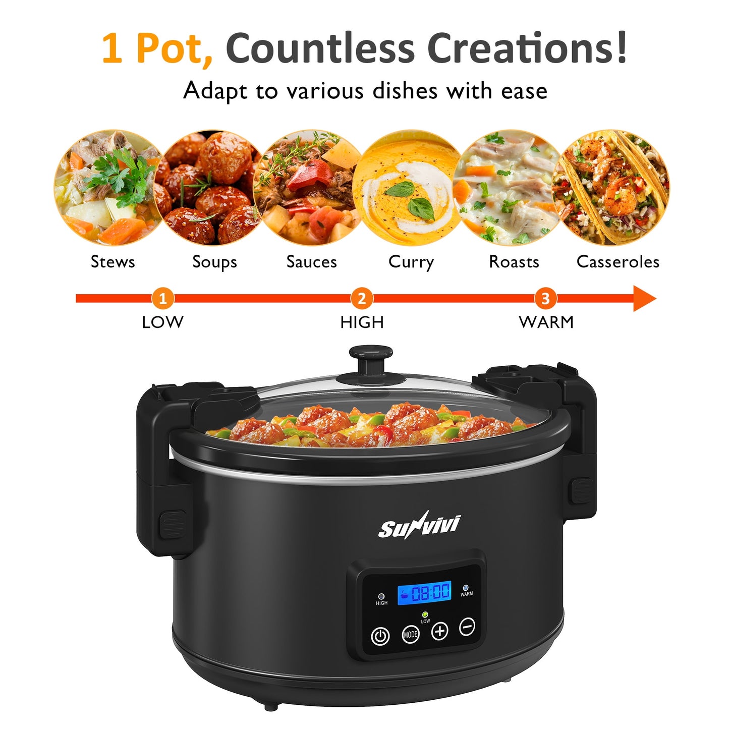 8.5QT Programmable Slow Cooker with Locking Lid, Versatile Food Warmer, Digital Timer, Portable Multi-Cooker with Adjustable Temperature Settings, and Dishwasher Safe Components, Black