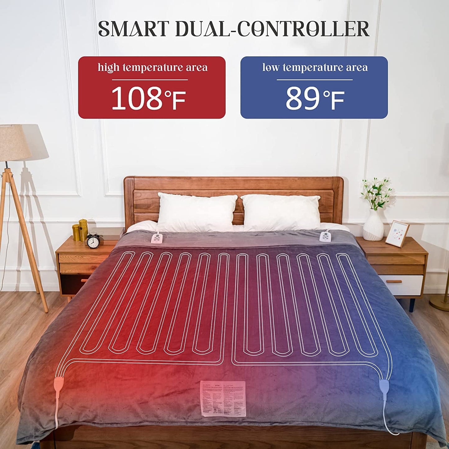 Superjoe Electric Blanket King Size 100" x 90" Heated Blanket, Dual Controllers 10 Heat Settings Auto-off Timer, Grey