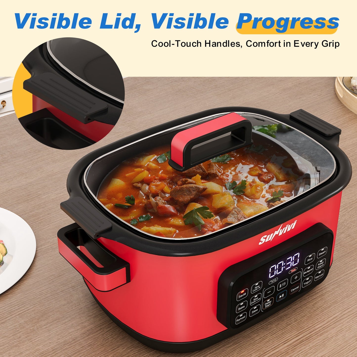 Heynemo 12-in-1 Digital Programmable Slow Cooker, 6.5 QT Large Multicooker, Multi-Cooker with Timer, Temp Control, Red