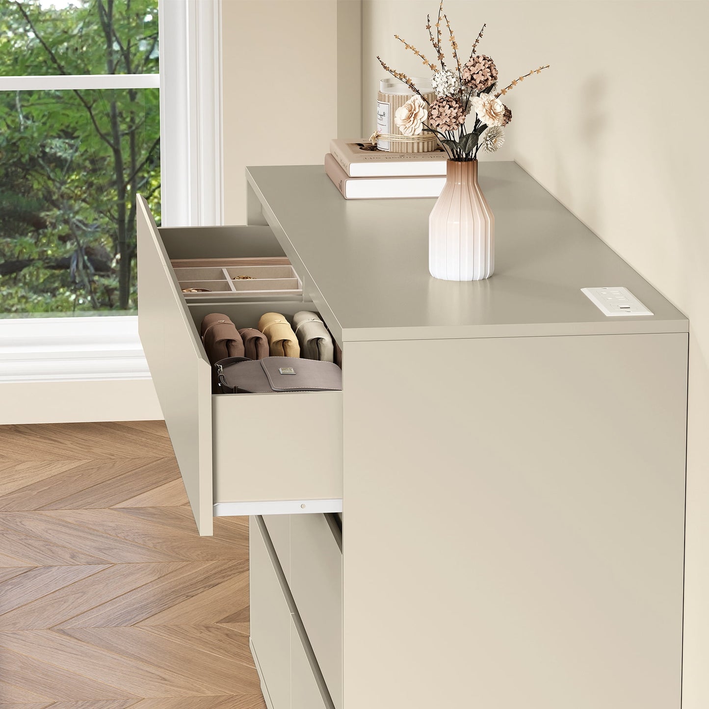 May in Color 6 Drawer Dresser with Charging Station for Bedroom, Beige