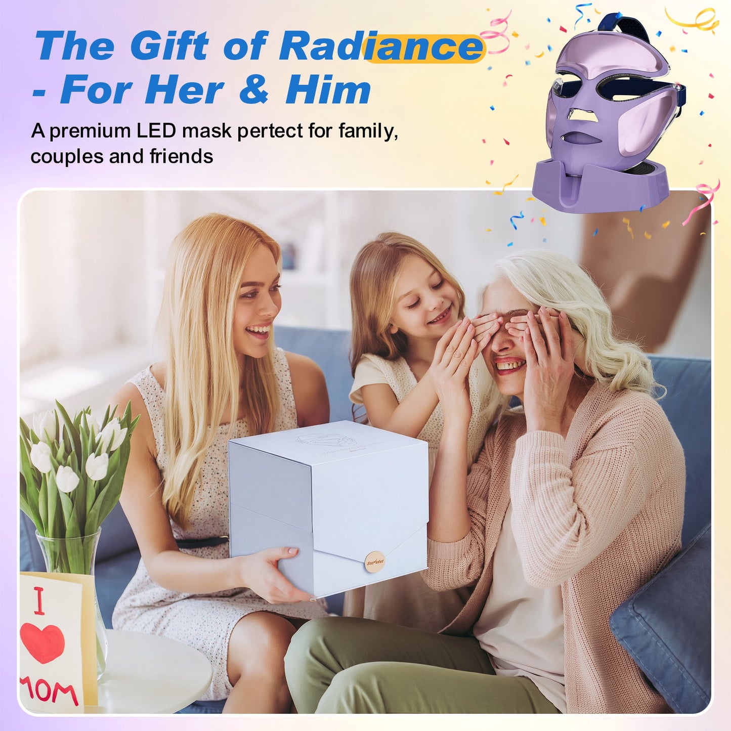 Sunvivi LED Light Therapy Face Mask with Red & Blue Light, 180 LEDs, Eye Warming, Home Skincare Device, Purple