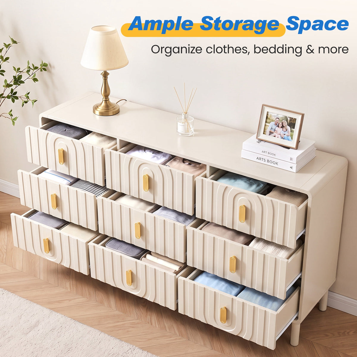 Heynemo Fluted Chest of 9 Drawers, Beige Modern 9 Drawer Dresser with Gold Metal Handles, Wide Storage Dresser Cabinet for Bedroom Living Room