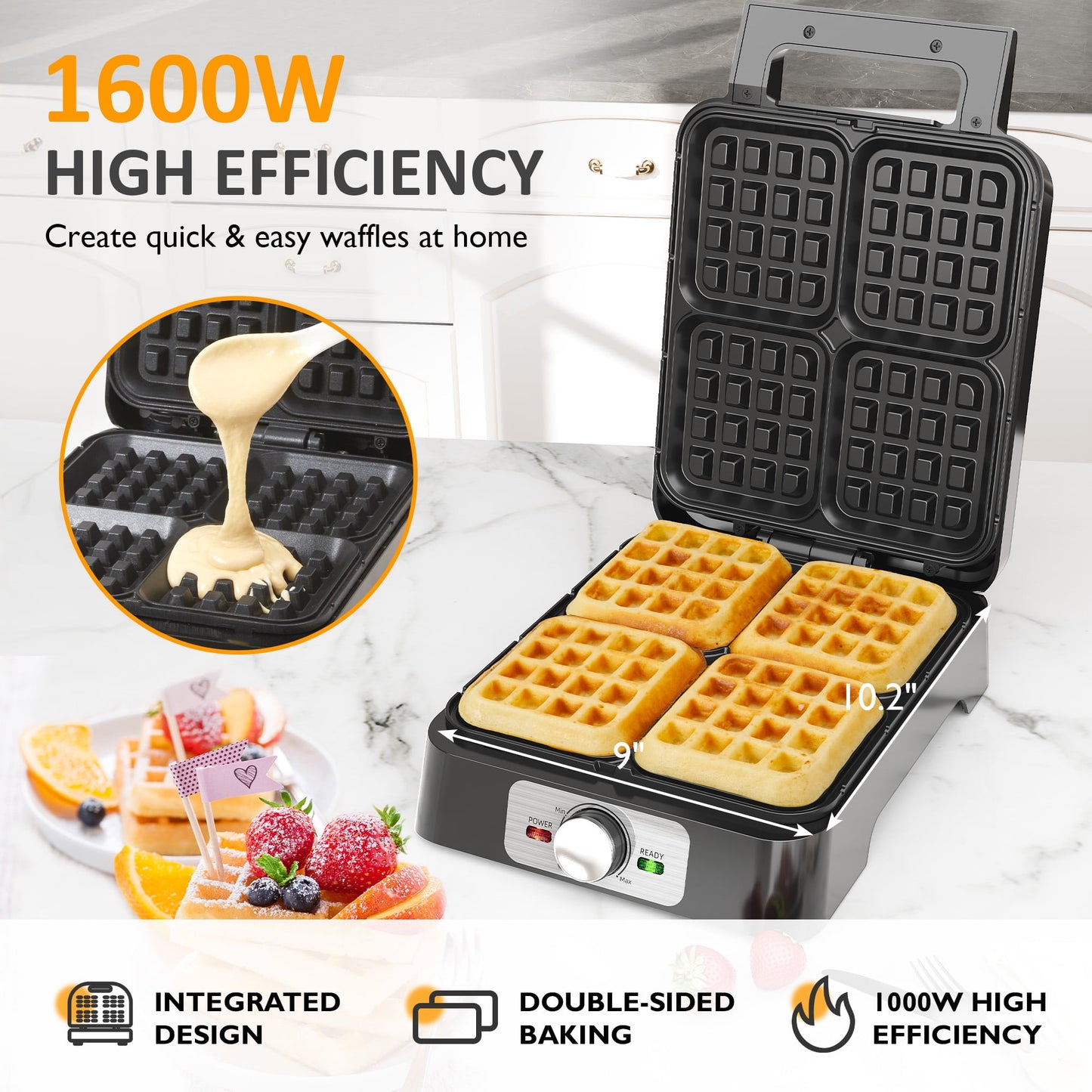 Heynemo Electric Waffle Maker 4 Slices, Stainless Steel Waffle Iron with Adjustable Heat, Nonstick Coating & Cool Touch Handle-1