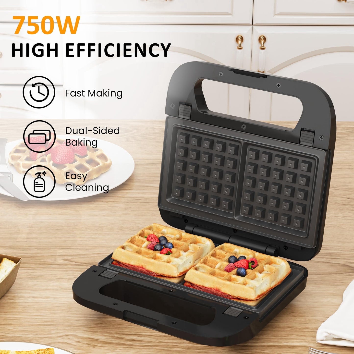 Heynemo 3 in 1 Electric Sandwich Maker with Removable Non-Stick Plates, Indicator Lights & Cool Touch Handle, 750W, Black