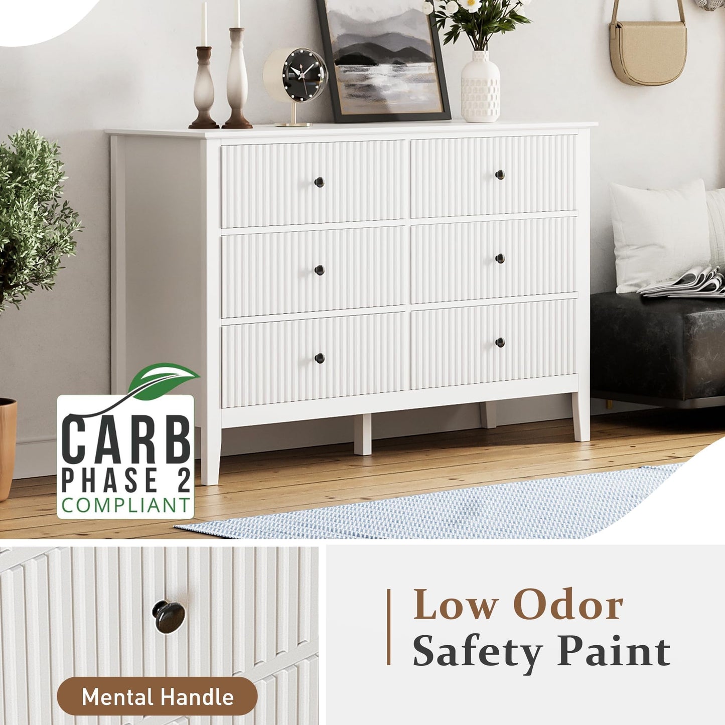 RoyalCraft White Fluted 6 Drawer Dresser for Bedroom, Modern Chest of Drawers, Wood Dresser for Storage Clothes, Wooden Storage Cabinet for Bedroom, Hallway, Living Room, Entryway