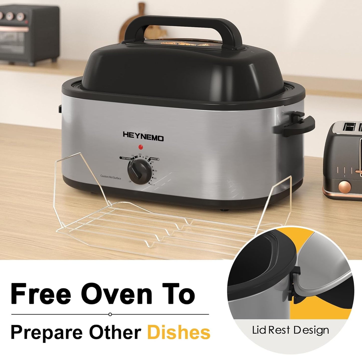 Superjoe 22 Quart Electric Roaster Oven with Visible & Self-Basting Lid, Large Turkey Roaster with Defrost Warm Function, Adjustable Temperature, Removable Pan Rack, Stainless Steel