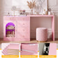 May in Color Pink Extendable Vanity with LED Lights, Rotatable L?Shaped Makeup Vanity Desk, 5 Drawers & Arched Glass Cabinet, Multi?Purpose Desk for Working, Studying, Drawing, Sewing, Nail Care