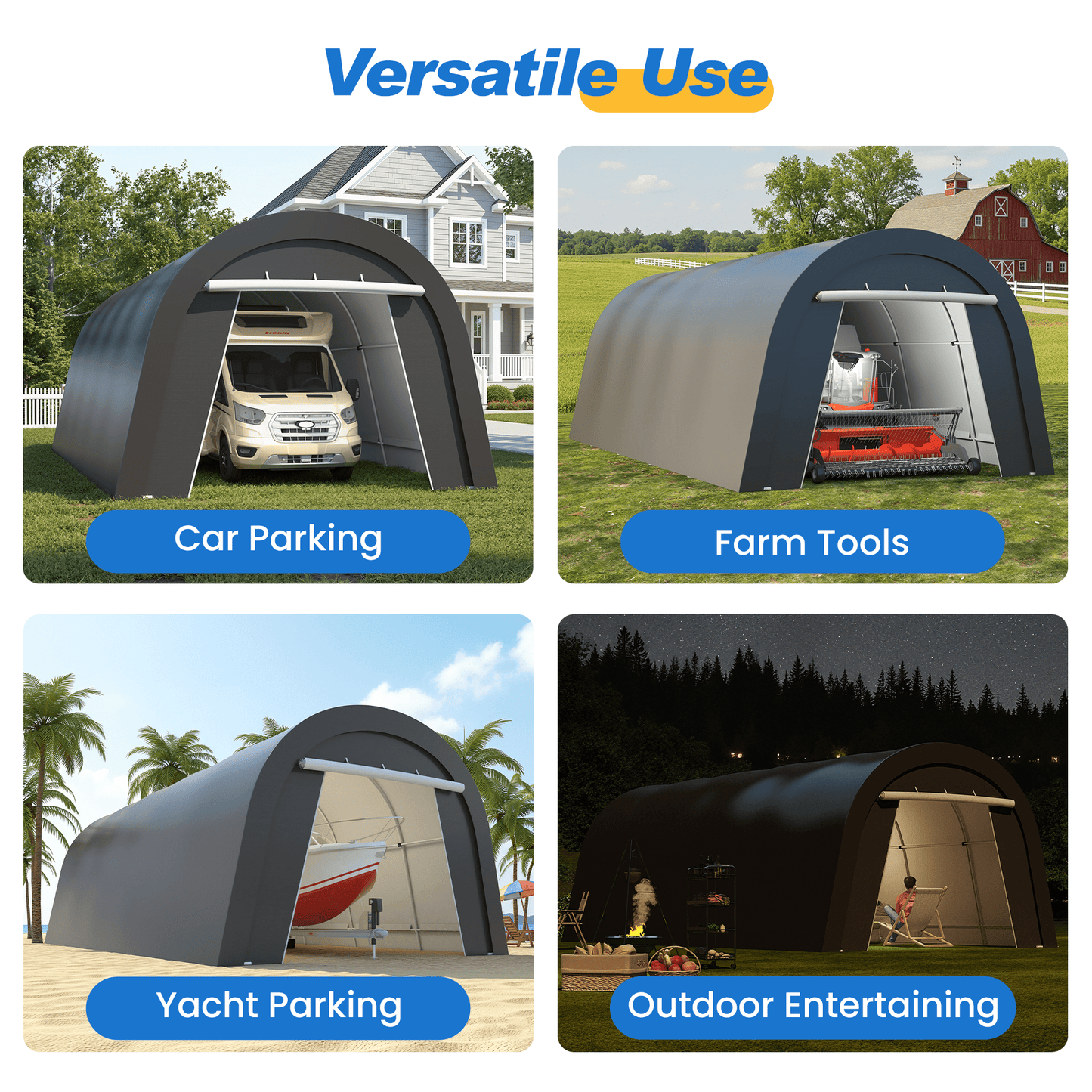 Heynemo 12' x 25' Portable Metal Carport with 4 Bags, Weatherproof PE Cover, Outdoor Car Canopy Tent with 2 Roll-up Doors, Outside Dome Storage Shelter Shed for Cars, Truck, Garden Tools