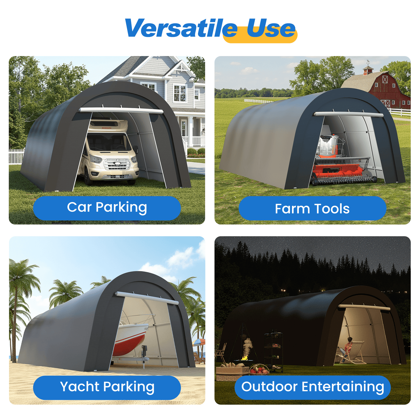 Heynemo 12' x 25' Portable Metal Carport with 4 Bags, Weatherproof PE Cover, Outdoor Car Canopy Tent with 2 Roll-up Doors, Outside Dome Storage Shelter Shed for Cars, Truck, Garden Tools