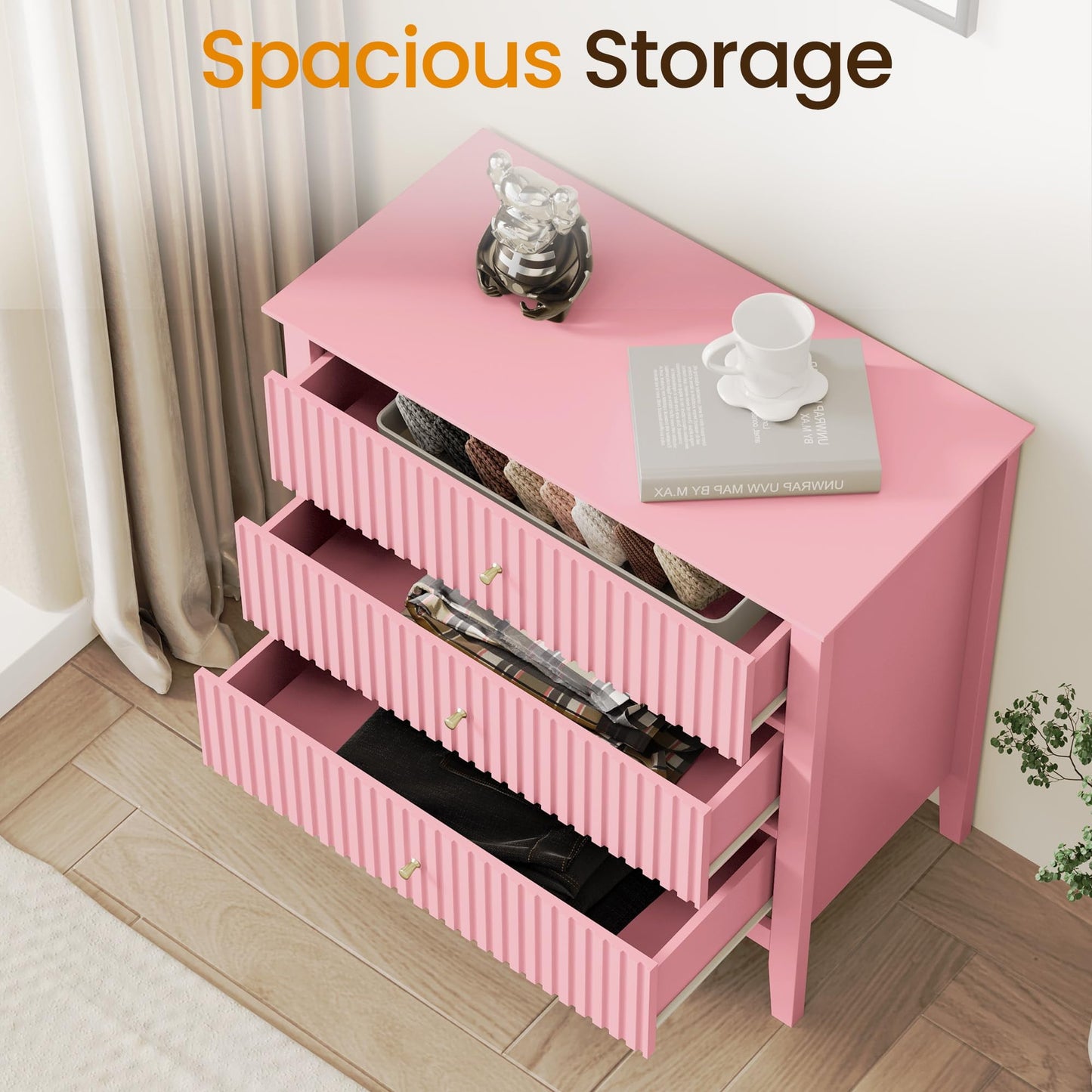 Heynemo Pink 30" Dressers Set of 2, Modern 3-Drawer Wood Nightstands with Ball Bearing Slides, Wide Storage Chests for Bedroom, Living Room, Entryway or Office