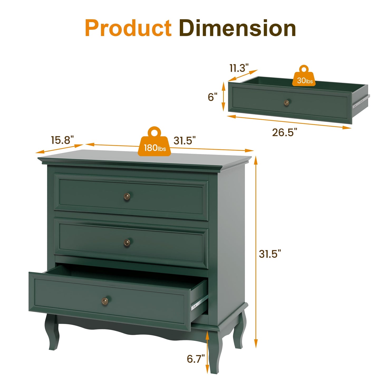 Green 3 Drawer Dresser, Modern Wood Chest, Silent Slide Organizer for Bedroom, Living Room
