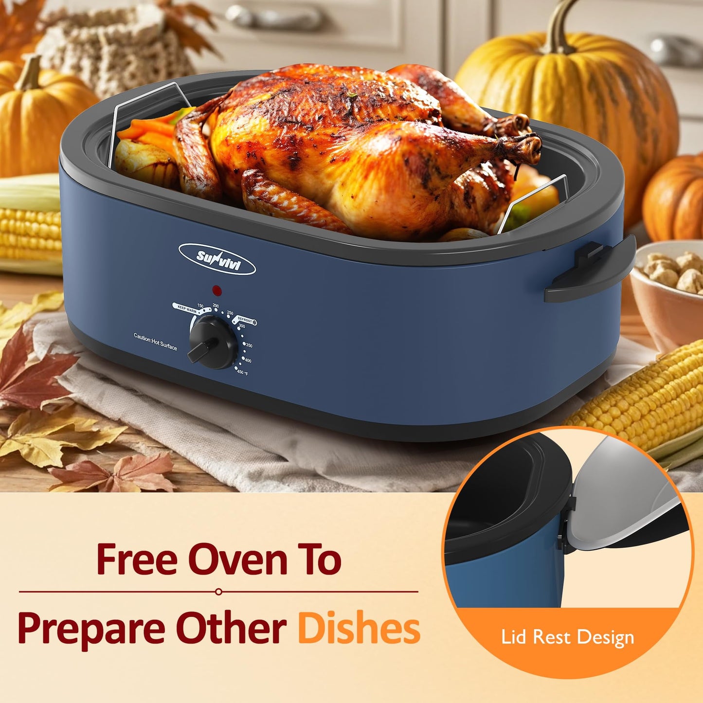 Sunvivi 20 Quart Electric Roaster Oven with Self-Basting Lid, Blue