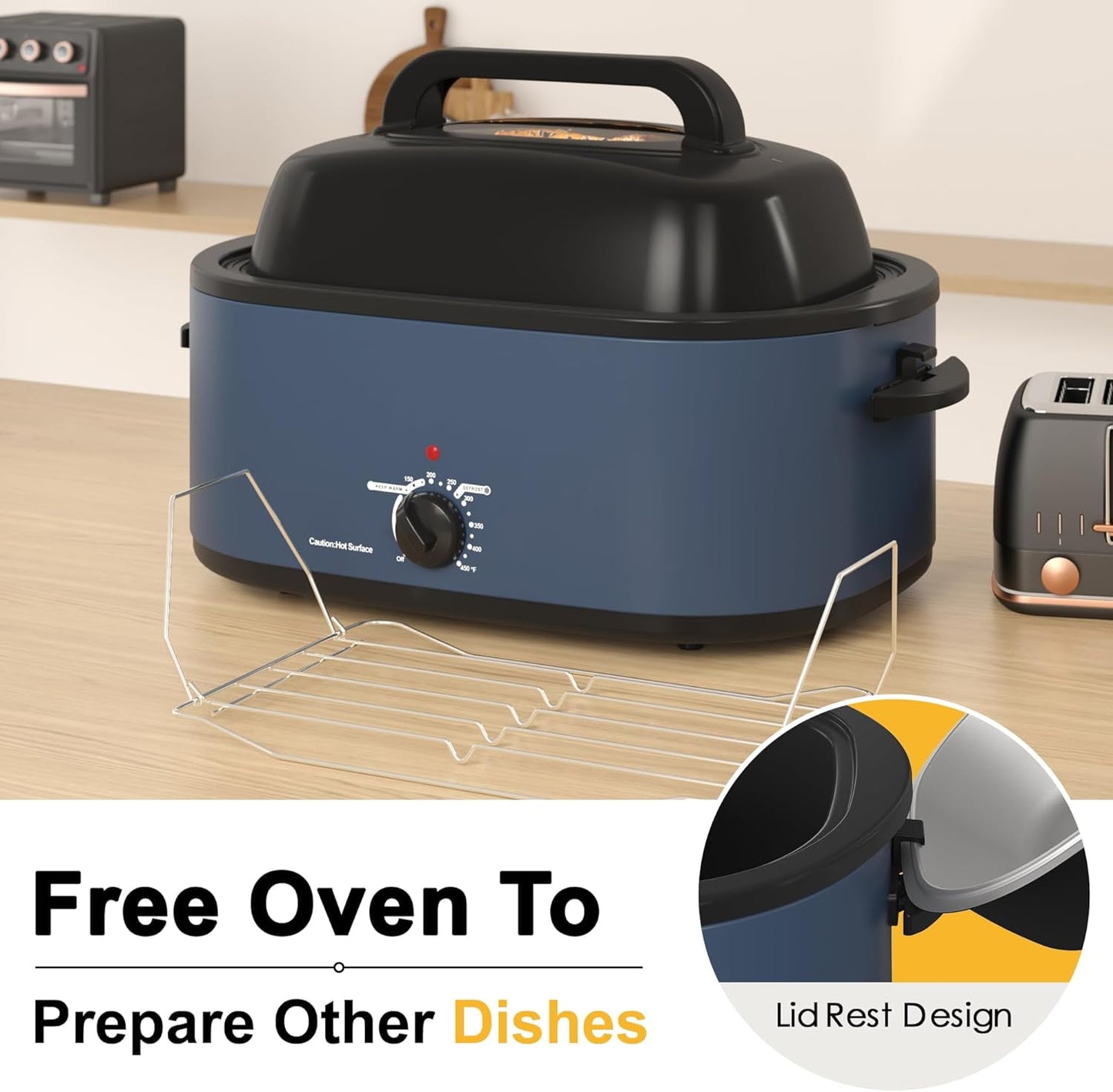 Superjoe 22 Quart Electric Roaster Oven with Self-Basting Lid, Turkey Roaster Oven Buffet with Removable Pan, Cool-Touch Handles, Blue