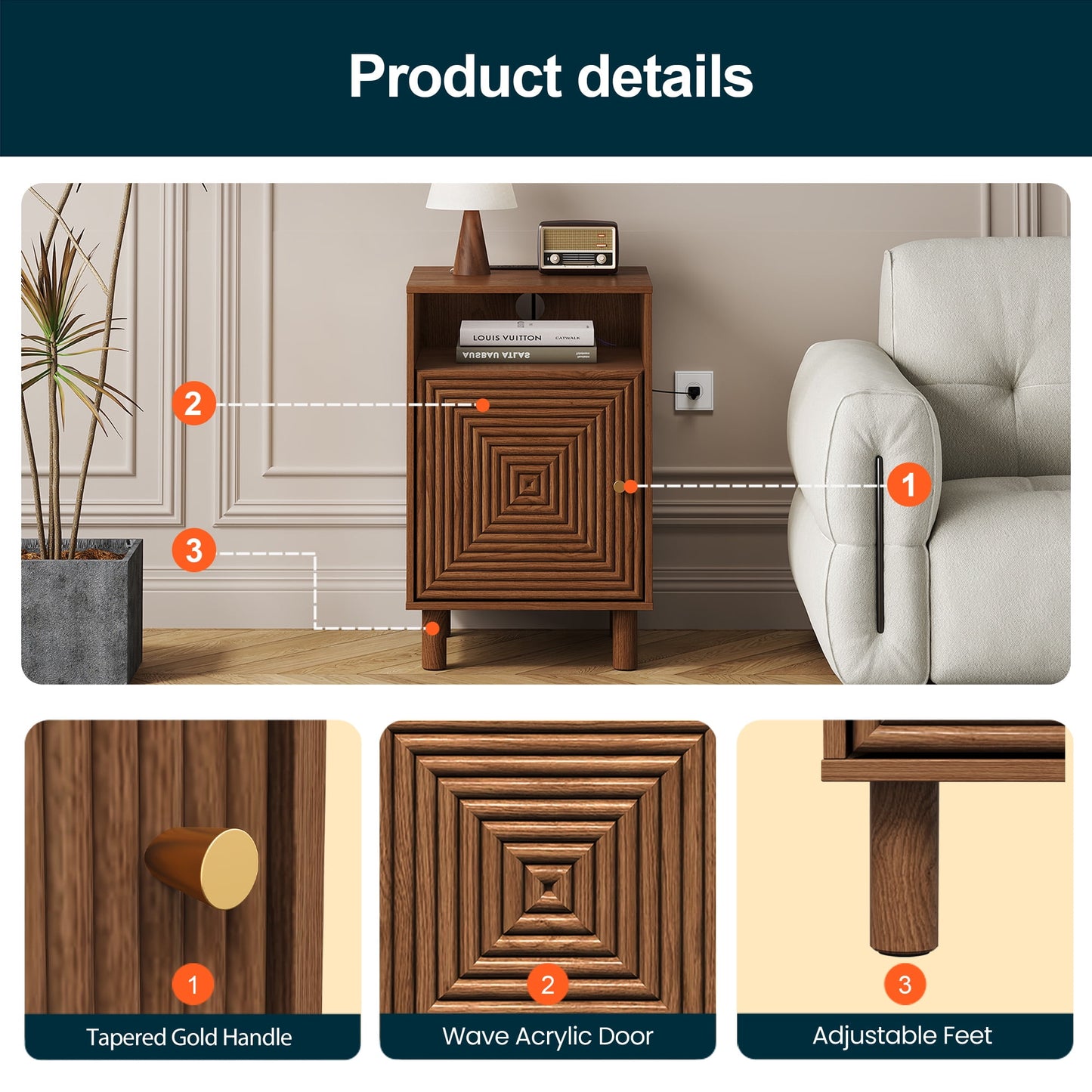 Heynemo Wood Nightstand with Storage, Bedside Table with Charging Station and Solid Wood Legs, Ideal for Living Room, Bedroom, Entryway, Brown