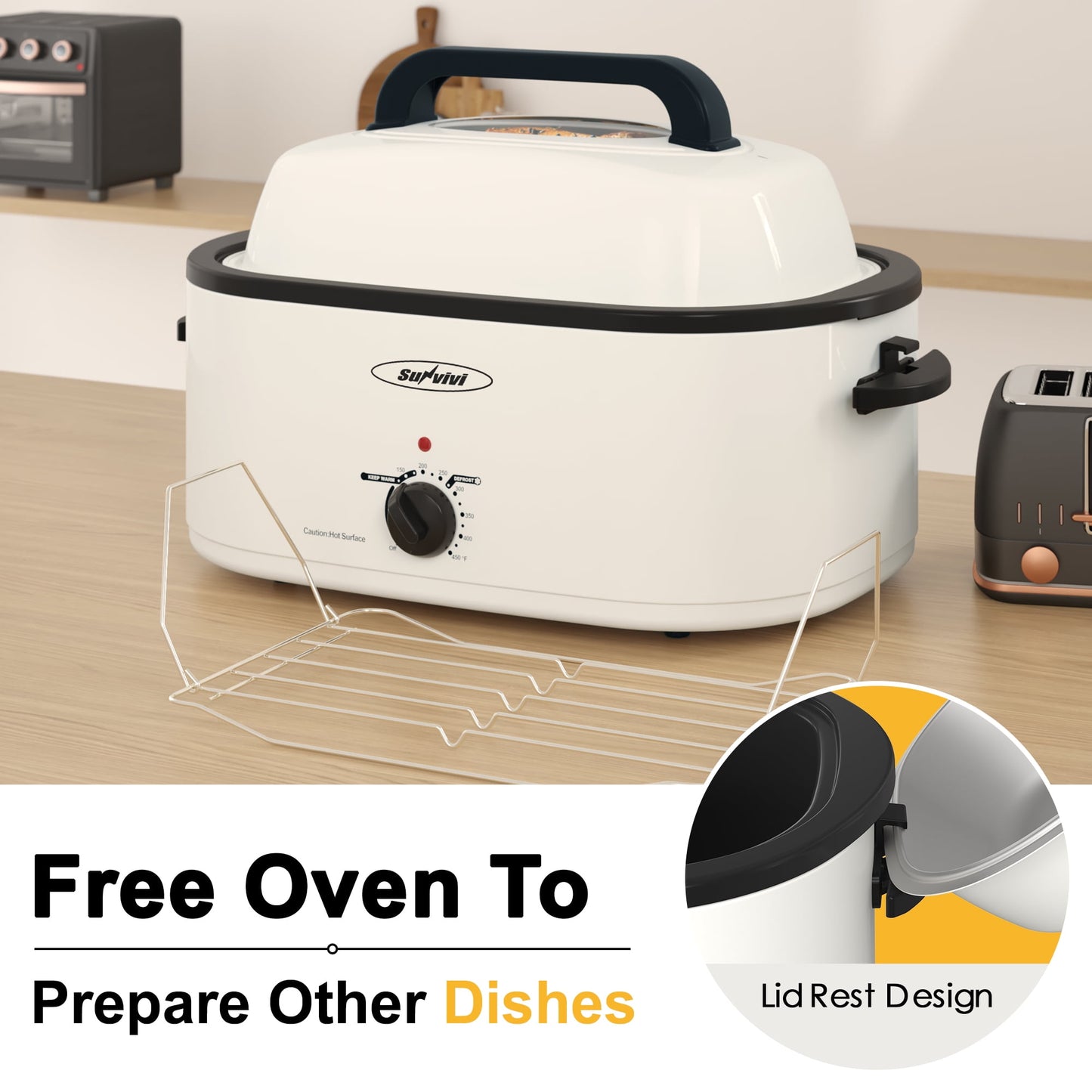 Sunvivi 22 Quart Electric Turkey Roaster Oven with Visible Glass Lid,Removable Pan & Rack, Stainless Steel,White