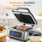 Heynemo 1300W Smokeless Indoor Grill, Electric Panini Press Sandwich Maker with Auto-Lift, Fan, Independent Upper Heating, Smart Time & Temperature Control, Removable Non-Stick Plates
