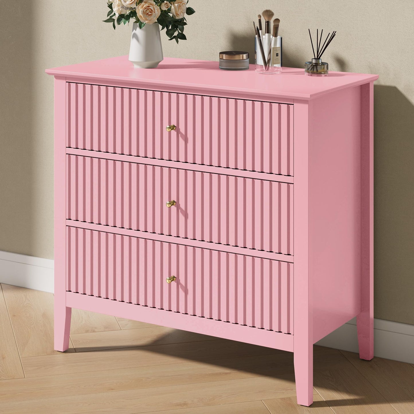 Heynemo Pink 30" Dressers Set of 2, Modern 3-Drawer Wood Nightstands with Ball Bearing Slides, Wide Storage Chests for Bedroom, Living Room, Entryway or Office