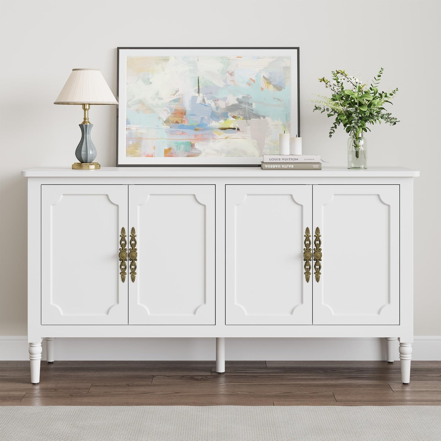 Superjoe Buffet Sideboard Table Set of 2, 59'' Mid Century Modern Console Table, Media Cabinet with 4 Doors, Accent Cabinet Wood Sideboard, for Entryway, Living Room, Dining Room, White