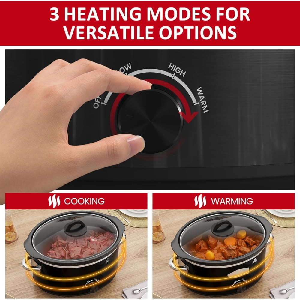 4 QT Slow Cooker, Buffet Server and Warmer with 3 Heating Modes, Compact Slow Cooker, Dishwasher-Safe Removable Ceramic Pot & Tempered Glass Lid, Stainless Steel, Black