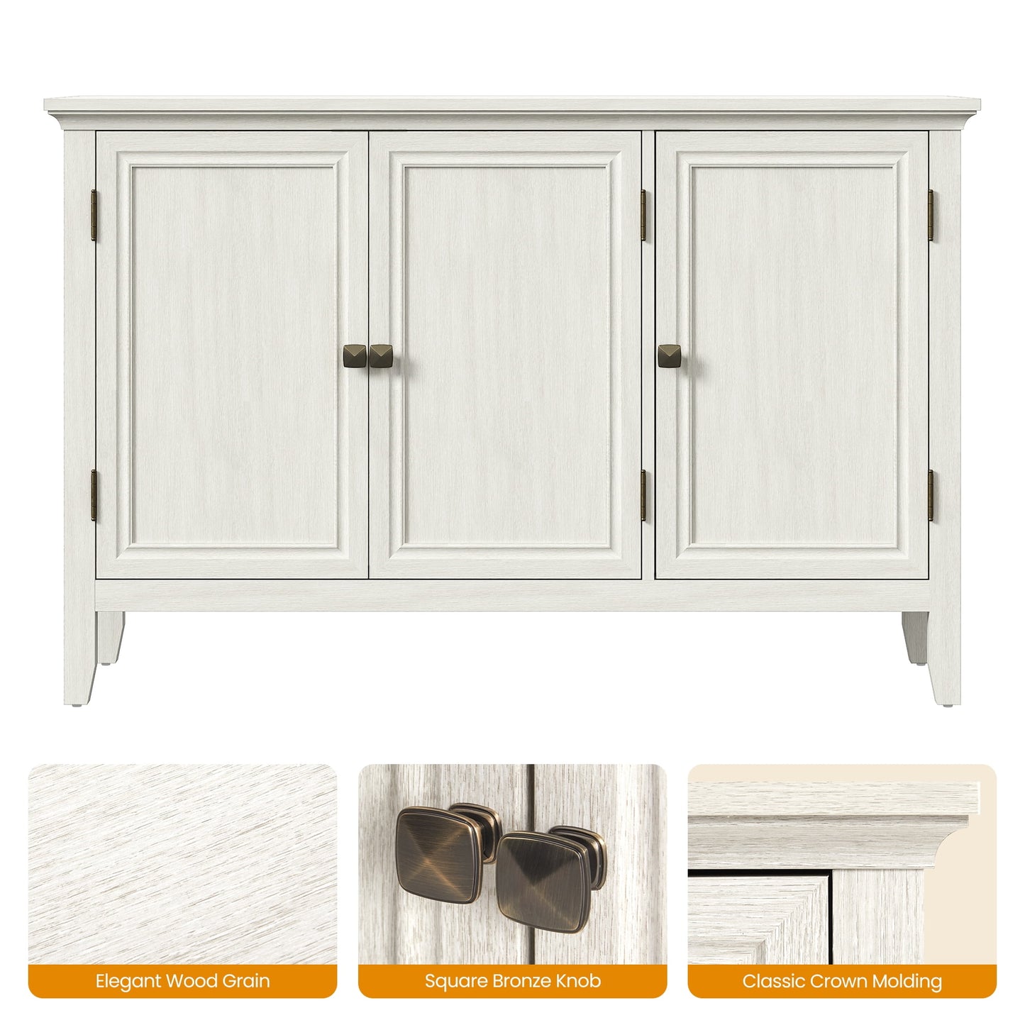 May in Color 3-Door Buffet Cabinet with Storage, Bohemian Sideboard with Adjustable Shelves, Wood Credenza Cabinet, Console Table for Bedroom, Living Room, Dining Room, Hallway, Grayish-White