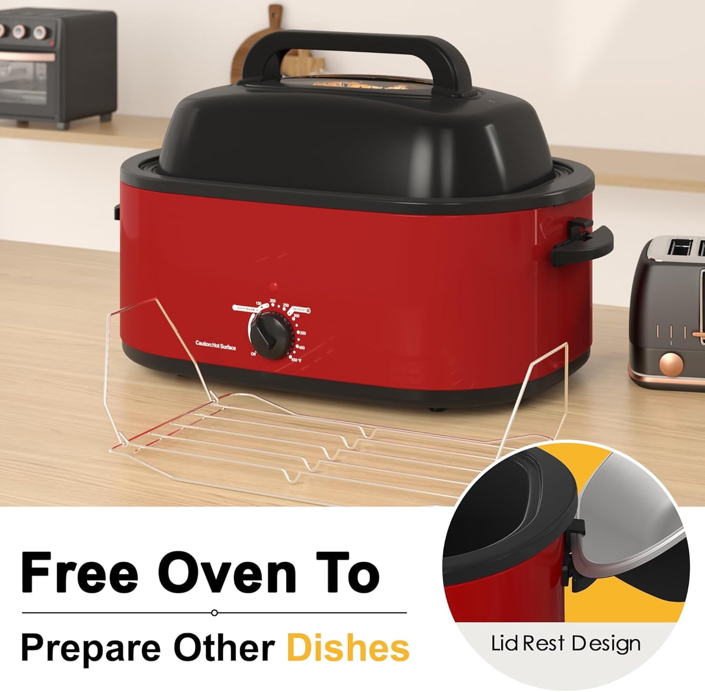 Superjoe 22QT Electric Roaster Oven, with Self-Basting Lid, Stainless Steel Roaster Pan, Red