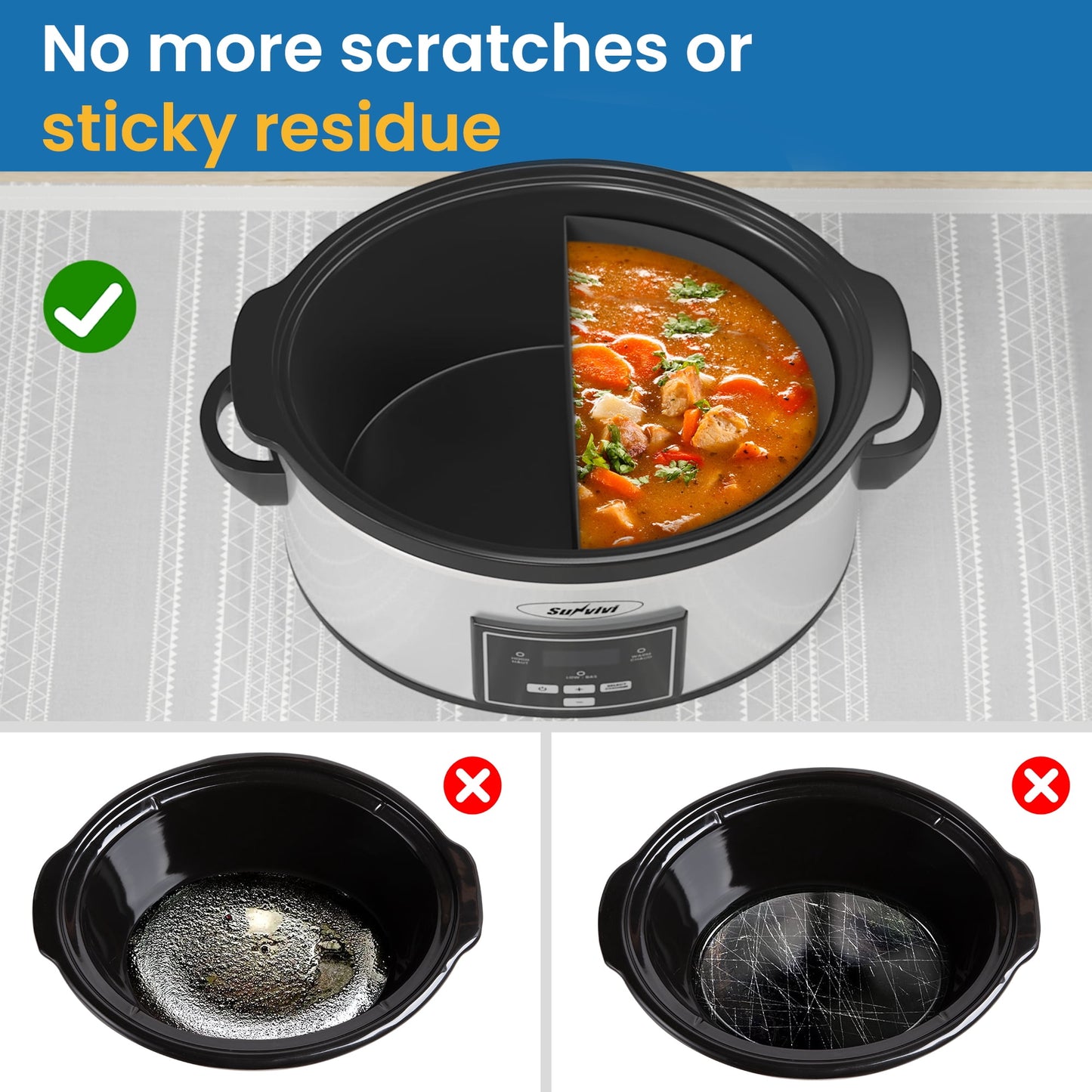 Sunvivi 2-in-1 Silicone Slow Cooker Liners, Reusable Divider Insert for 6QT Crock Pot, Bpa Free, Dishwasher Safe, Grey
