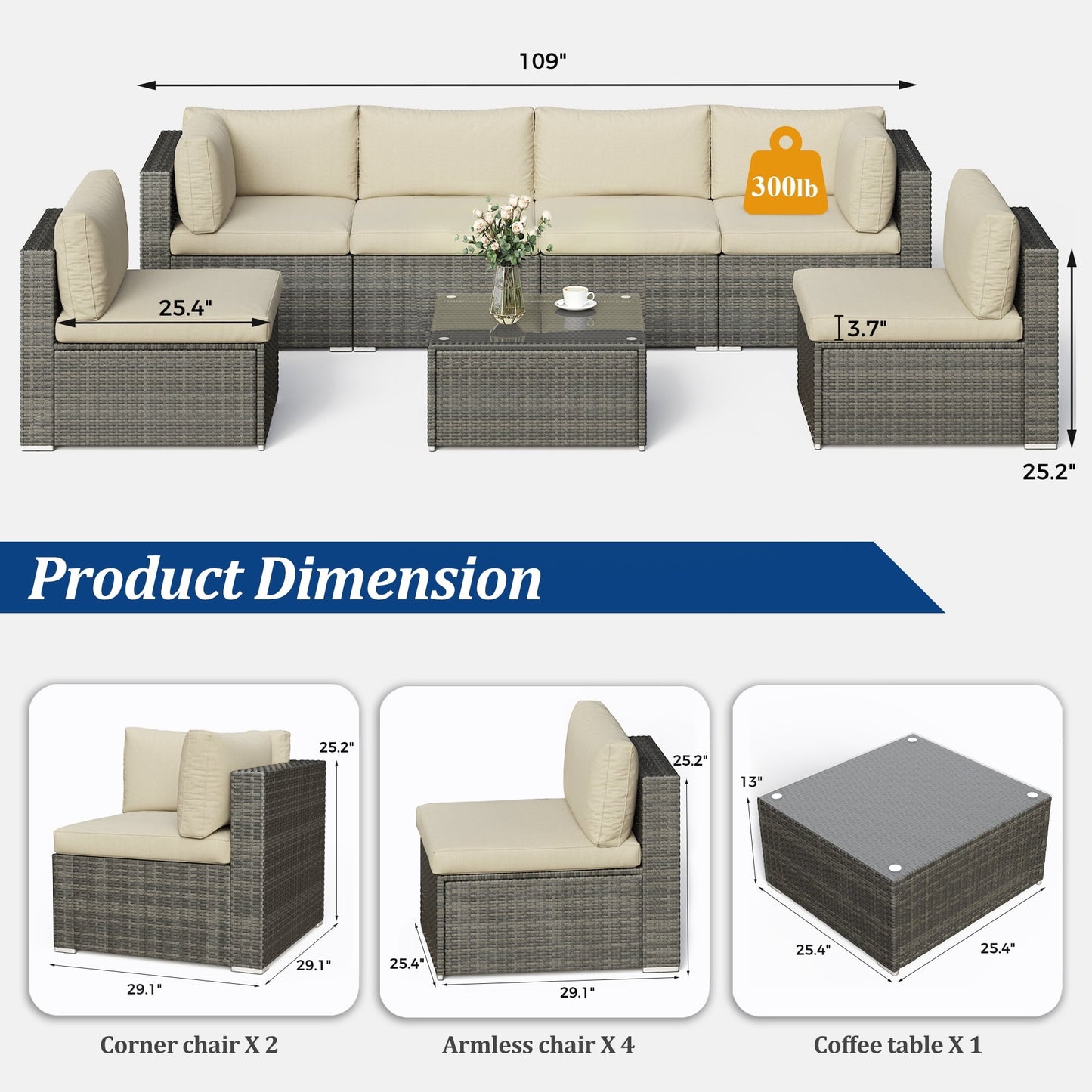 RoyalCraft 7-Piece Modular Patio Furniture Set, Wicker Outdoor Sectional Sofa with Cushions and Coffee Table, All Weather Patio Conversation Sets for Porch Balcony Backyard, Beige