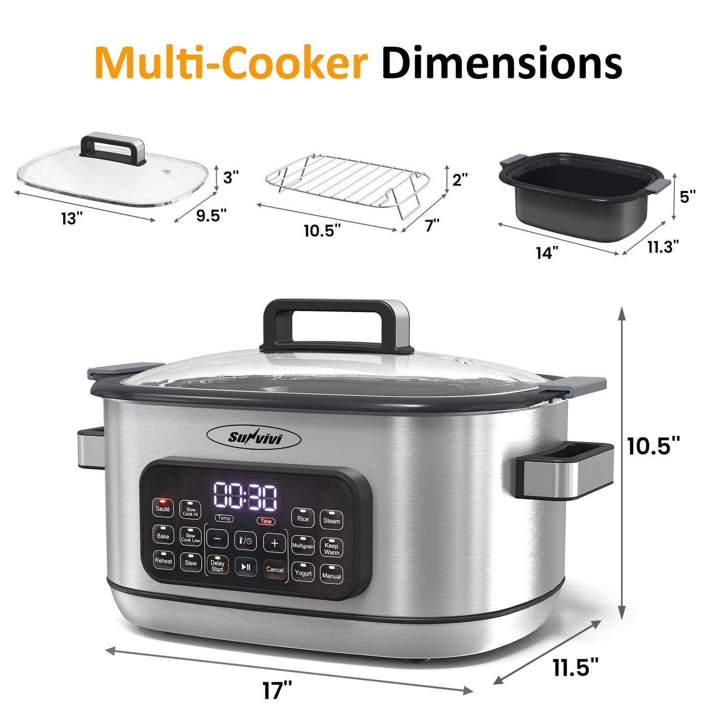 Sunvivi 6.5QT 12-in-1 Programmable Multi Slow Cooker, Food Warmer Pot with Digital Timer, Temp Control