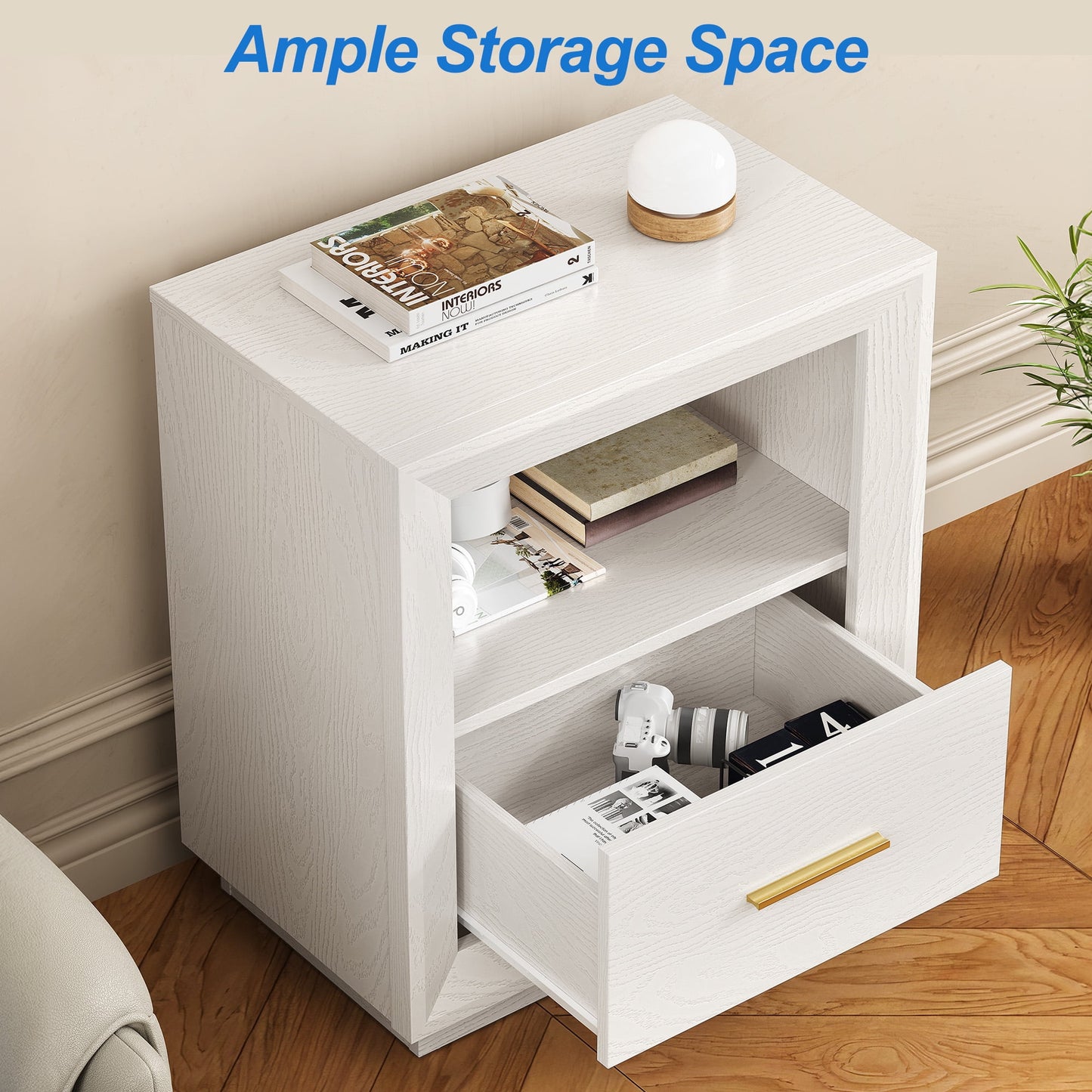 May in Color Charging Nightstand Set: Modern Bedside Tables with Large Drawer, 2 USB-C Outlets, Storage Cabinet for Bedroom, Dorm, Set of 2, White
