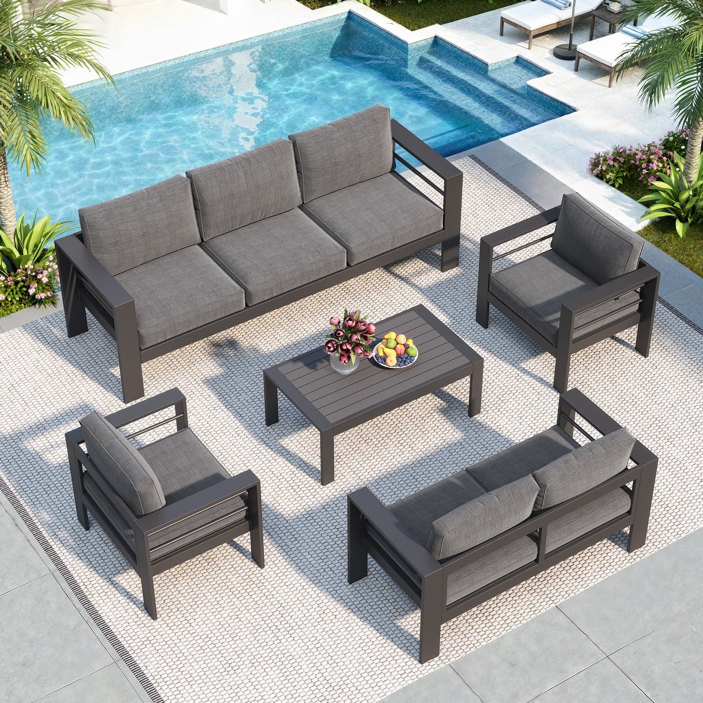 Heynemo Metal Patio Furniture Chairs Set of 2, Aluminum Outdoor Armchairs with Cushions, Dark Grey